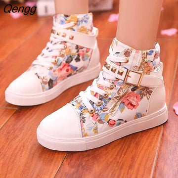 Niulatu High Top Black White Boots Shoes Women Casual Platform Vulcanized Flats Shoes PU Leather Sneakers Zapato Mujer DJSE